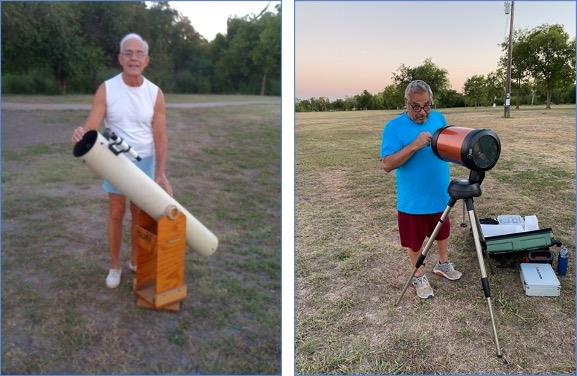 Two astronomers and their telescopes at an outreach star party in Kyle, Texas, USA.